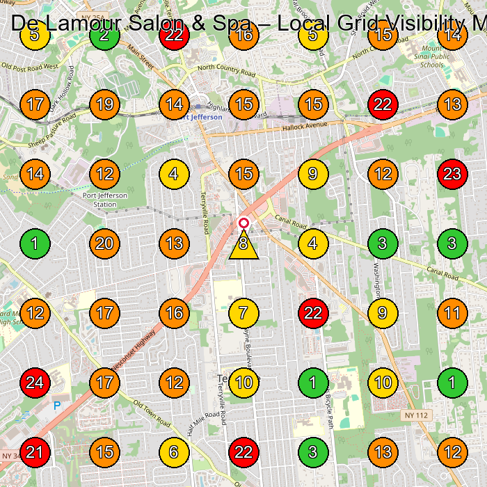 De Lamour Salon & Spa Hair Salon GeoGrid ranking map for Port Jefferson Station NY